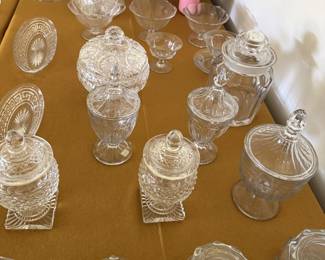 Heisey and cut glass covered candy jars, dishes
