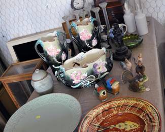 Three piece French Majolica Flower Set.  Pristine condition for a true antique.