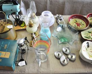 Aqua Sunbeam Mixer with Juicer Attachment, Vintage Unused Syrup Set, WMF Hammered Cream and Sugar and Candlestick Peg Lamps with Murano style glass