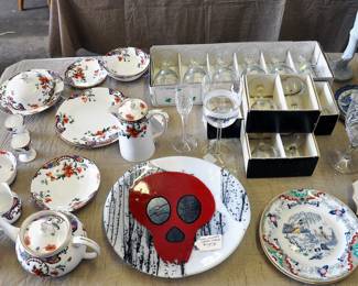 Ainsley Poppy Porcelain set, Kate Williams (Lubbock Artist) Skull Plate and Drink Sets new in box.