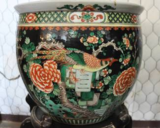 Fantastic Chinese Famille Noire circa 1900 fishbowl with stand