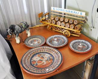 Vintage Lowenbrau Keg Wagon.  Ceramic Morgan Horse from Great Britain.  Petatillo plates from Tonala or Tlaquepaque Mexico.