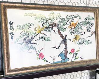Large Chinese Embroidered Panel framed behind glass