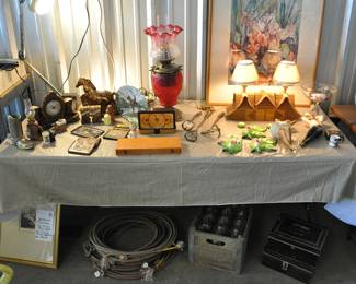 Working Western Clock with boots and horseshoe, Wild Mustang Lamp, authentic lassos, branding irons, etc.  Tramp Art Lamp, Midcentury figures and bathroom Fish with Bubbles and... a Victorian lamp and a piece of Elizabeth Sasser watercolor art