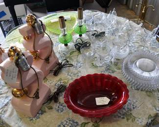 Vaseline Glass electric lamps, Zig-Zag Lamps, Slag Bowl and Large Vaseline pieces.