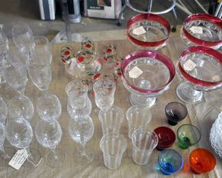 Kings Crown, Colored Cordial set, Tomato design juice set plus crystal and etched glassware