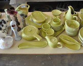 Russel Wright American Modern dinnerware along with pieces of Hull, Roseville and Weller