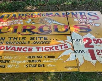 Original Carson Barnes Circus Sign  12 x 8 ft in Three 4 x 8 Panels