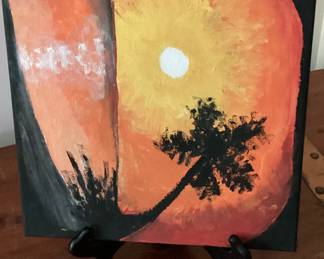 Plaque Sunset painting with orange and yellow hues and Palm tree