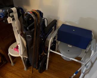 Wheelchair, shower stool, canes, medical bedside commode