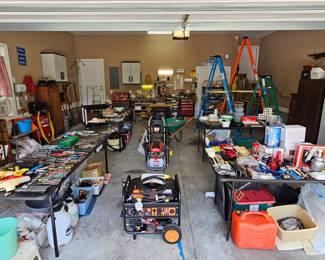 generator, ladders, pressure washer, tools, storage, garage items