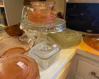 Antique Footed Cake Plate, Refrigerator Jar, Pink Depression Glass