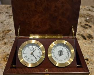 Selco Desk Clock And Thermometer Weasther Station Set In Wood Box