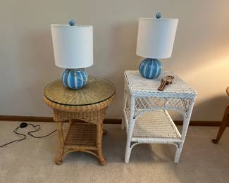Rattan side tables and table lamps