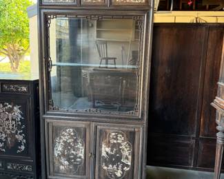 Vintage Chinese Rosewood glass display cabinet with detailed mother-of-pearl inlay. 59" tall. Dimensions are approximate. Qty: 2. Asking: $400 each