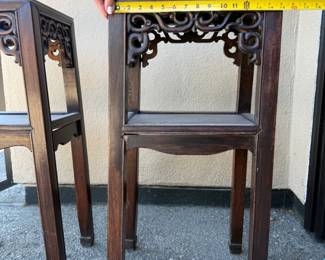 Vintage, solid Rosewood End Tables with elaborate hand-carved details. Circa 19th century. 31" H x 15" wide. Dimensions are approximate. Asking $300 pair.