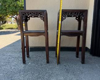 Vintage, solid Rosewood End Tables with elaborate hand-carved details. Circa 19th century. 31" H x 15" wide. Dimensions are approximate. Asking $300 pair.