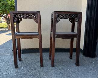 Vintage, solid Rosewood End Tables with elaborate hand-carved details. Circa 19th century. 31" H x 15" wide. Dimensions are approximate. Asking $300 pair.