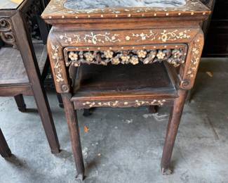 Vintage Chinese Rosewood cabinet with detailed mother-of-pearl inlay and marble top. 32" H x 17" W dimensions are approximate. Qty: 1 Asking $300 each.
