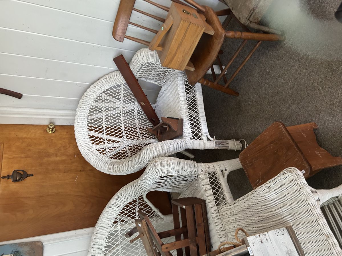 Wicker couch chair and table.