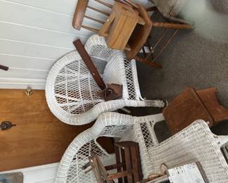 Wicker couch chair and table.