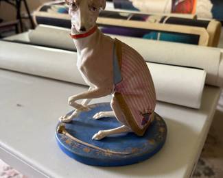 Old Paris Polychromed Biscuit Porcelain Model of Seated Whippet or Greyhound