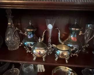 silver teapots, sugar creamer