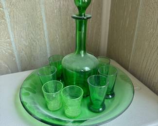 Green Glass Decanter with Cordial Glasses