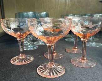 pink depression glass champagne coupe glasses