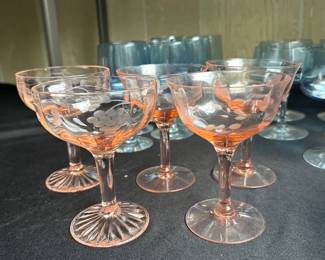 pink depression glass champagne coupe glasses