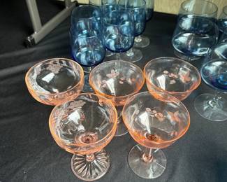 pink depression glass champagne coupe glasses