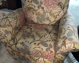 One of 2 Upholstered Stuffed Chairs (with a small footstool)