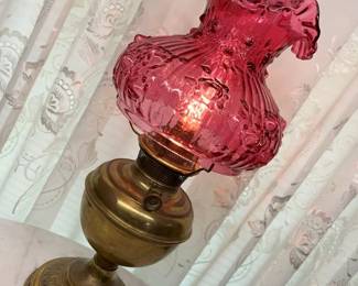 158 Vintage Cranberry Glass Electrified Oil Lampmin