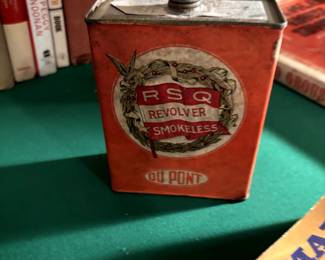 One of dozens of empty antique black powder tins.