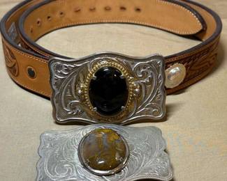 Windmill Hand Tooled Leather Belt Two Buckles