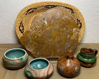 Mt Rushmore Pottery, Stone Slab, Decorative Gourd Woven Basket