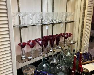 Crown Royal bags/Red Stemware/Vintage Crystal/Wine Bottles/Corks