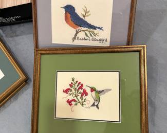 Framed Cross Stitched Birds by the late Margie Hughes
