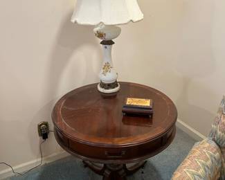 Mahogany Drum Table/Vintage Table Lamp/Musical Jewelry Box
