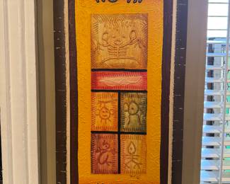 Framed Original Oil on Canvas of Abstract Symbols signed Kenny Sanchez 2008 (33"H x 15"W)