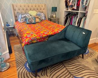 Green Upholstered Chaise Lounge (60"L x 28"W x 31"H) with Tufted Queen Upholstered Headboard with Mattress & Box Spring