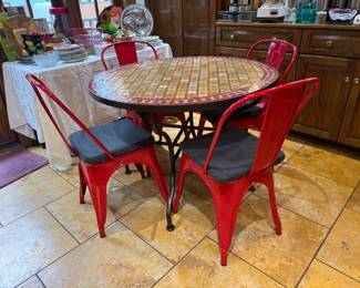 Moroccan Mosaic Iron Base Round Kitchen Table (39"D x 29"H) & Belleze Alexander Industrial Metal Dining Chair (4 Total)