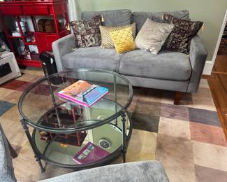 Ideal Global Enterprise Microsuede 2 Seat Loveseat (30"D x 60"W x 28" Back Height) & Iron Base / Glass Shelved Round Coffee Table (30"D x 18"H)