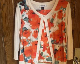 Women's St. John Floral Button Up Cardigan with Skirt Size L