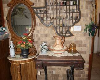 Treadle Sewing Machine. Hall Tree. Texas Shaped shot glass Organizer