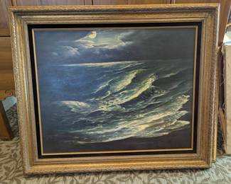 Oil painting mid-century ocean and moon. Nice frame!