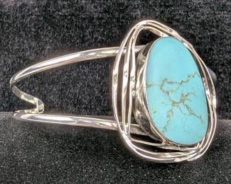 Sterling Silver And Turquoise Bangle Bracelet, Mexican 925 Silver, 2.75"