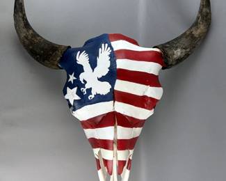 Isabella Mayo Hand Painted Complete American Buffalo/Bison Skull With Eagle And American Flag Design, Sealed In Clear Gloss Lacquer