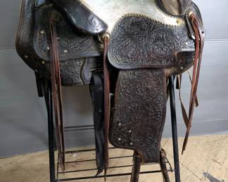 Antique Tooled Leather Western Saddle - 14" Seat