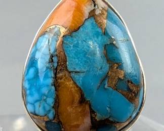 Sterling Silver And Spiny Oyster Copper Turquoise Ring, 925 Silver, Size 8